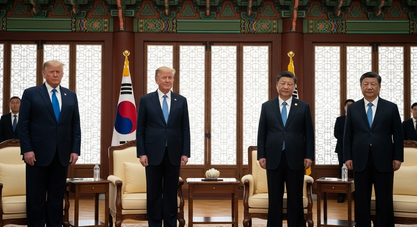 US President Donald Trump and Chinese President Xi Jinping stand with South Korean President Lee Jae-myung in a grand, traditionally decorated Korean hall, symbolizing their high-profile state visits during the APEC Leaders' Meeting in Gyeongju, South Korea, which are anticipated to boost President Lee's diplomatic standing.