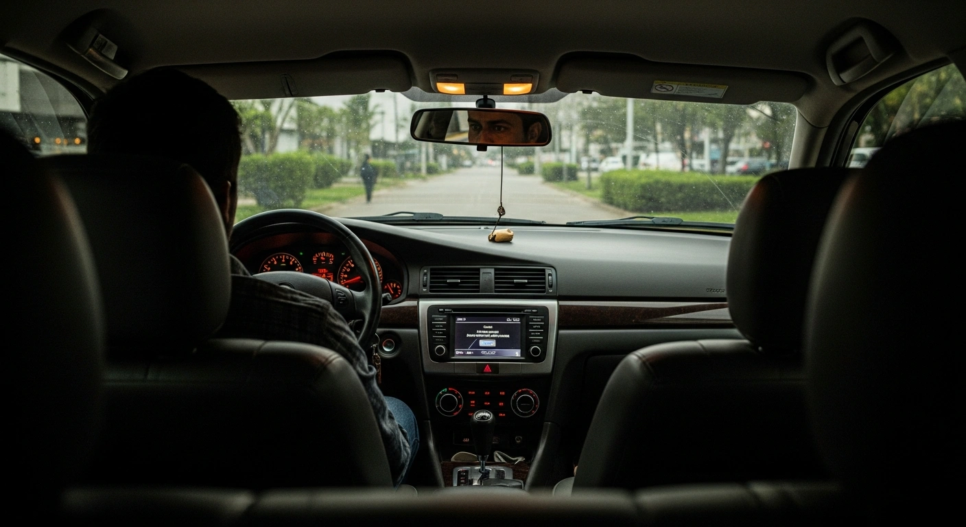 The interior of an app driver's car shows the strained face of Zeca reflected in the rearview mirror, illuminated by dashboard lights, after he reported being assaulted in Salvador, Brazil, following an incident where passengers engaged in a sexual act.