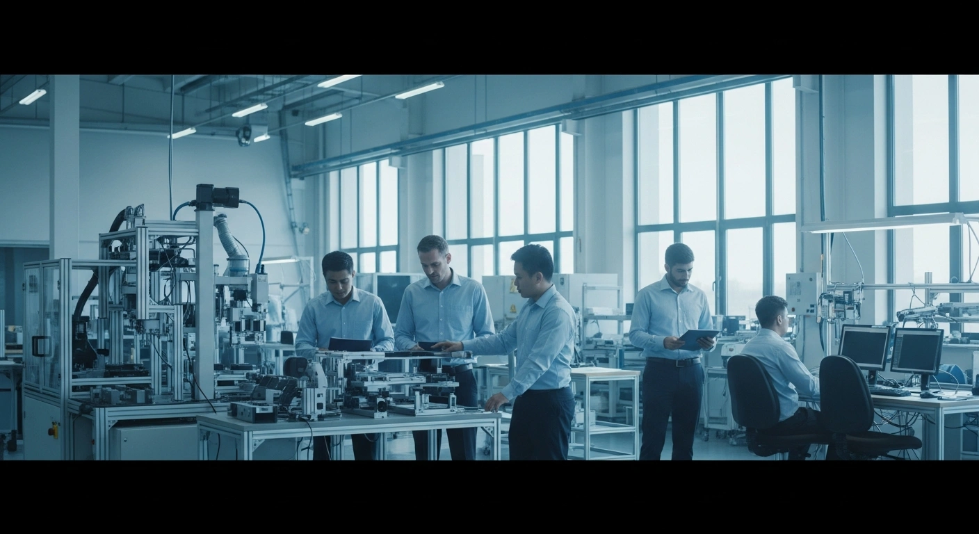Engineers collaborate at a high-tech robotic workstation inside the new Apple Advanced Manufacturing Center in Houston, Texas.