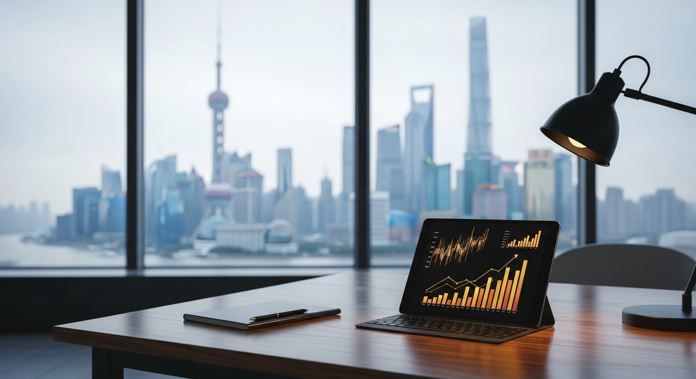 A modern office workspace in China featuring a tablet with financial data visualizations representing Apple's reduced App Store commission rates for local developers.