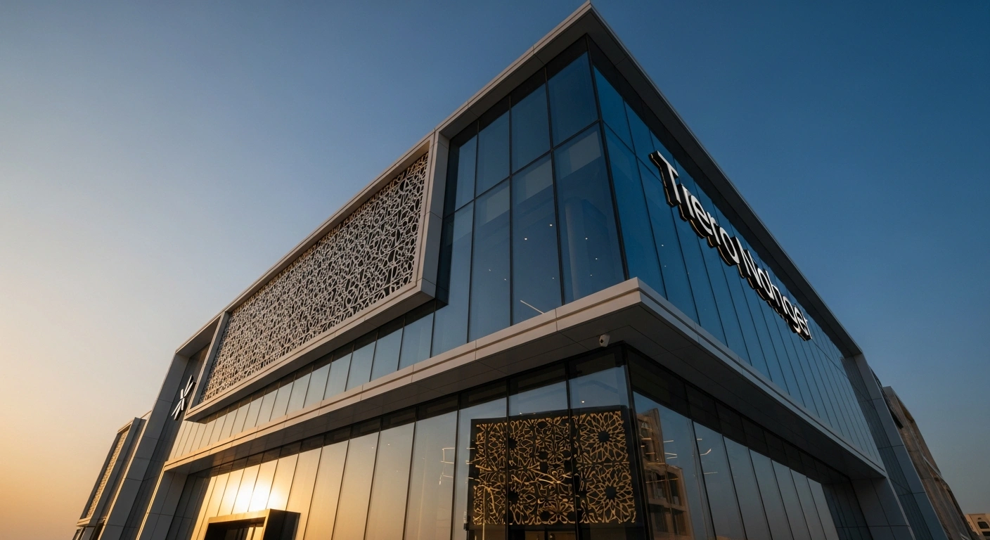 A striking, ultra-modern architectural facade of an iconic tech brand's flagship store, reflecting traditional Arabian geometric patterns under a desert sunset, symbolizing Apple's new store in Diriyah Square, Saudi Arabia, as part of the Diriyah Gate project.