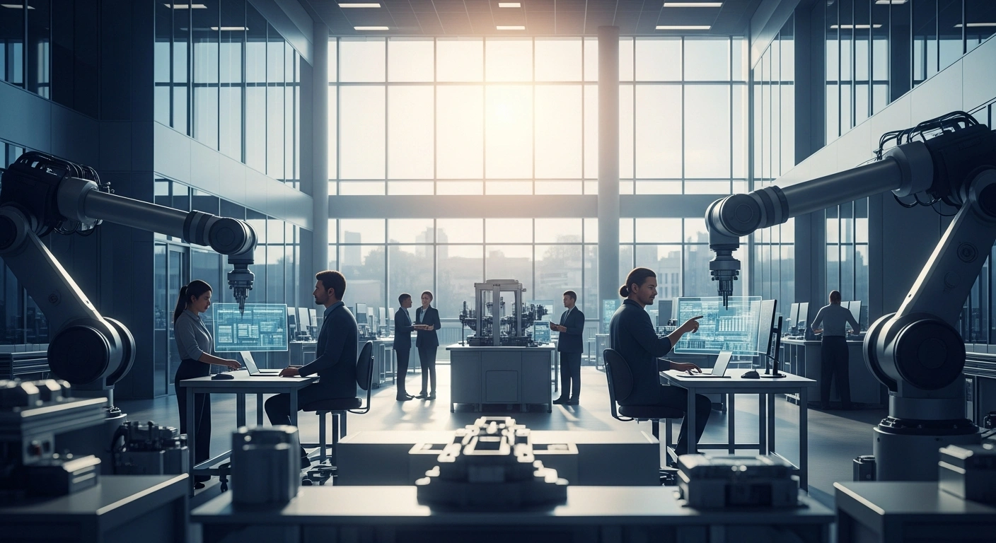 A modern Apple advanced manufacturing center in Houston features high-tech robotic equipment and collaborative workspaces for small businesses.