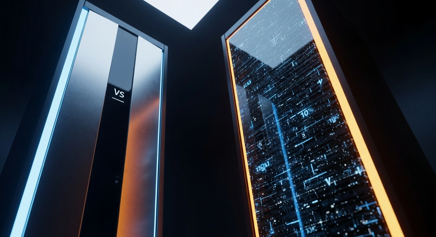 Two abstract metallic structures representing Apple and OpenAI stand in a dark, high-tech server room to symbolize the legal battle over trade secrets and intellectual property.
