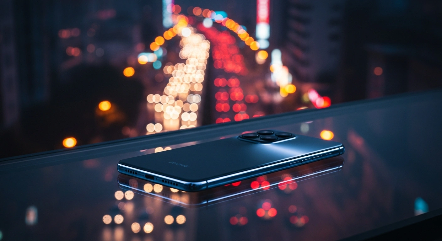 A premium smartphone sits on a reflective surface overlooking a blurred cityscape, representing Apple's strong sales growth in the Chinese market.