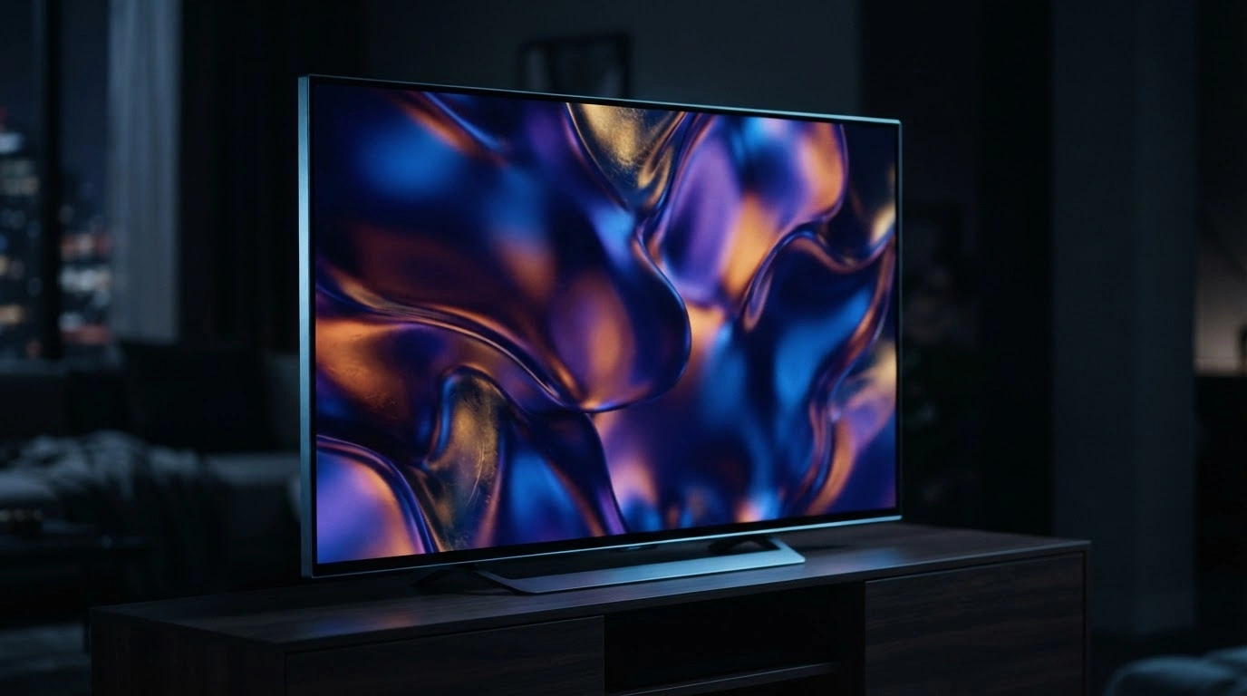 A modern television screen displays high-quality streaming content in a dimly lit room to represent the Apple TV plus subscription service.