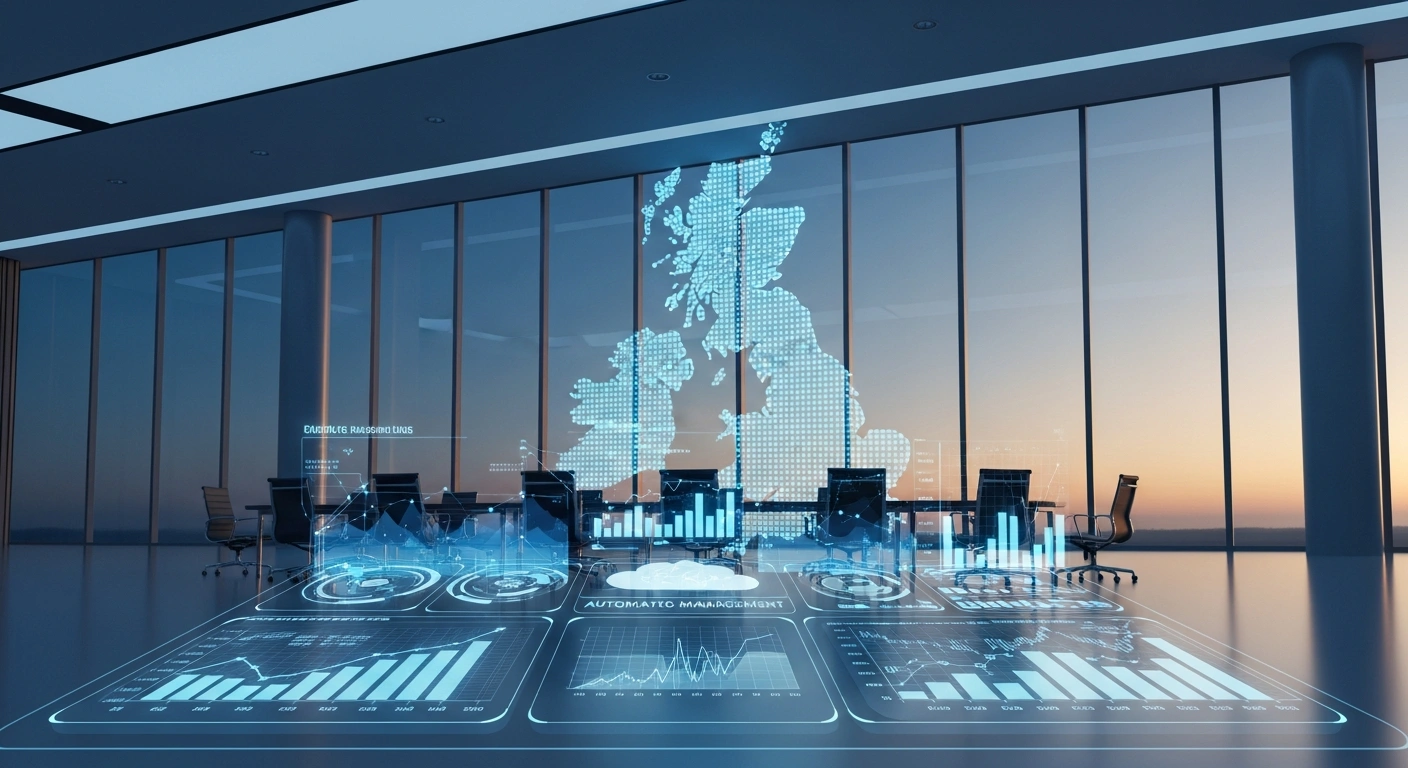 A modern office overlooking a digital map of the United Kingdom represents Aquila Clouds expanding its AI-driven financial management services to British enterprises.