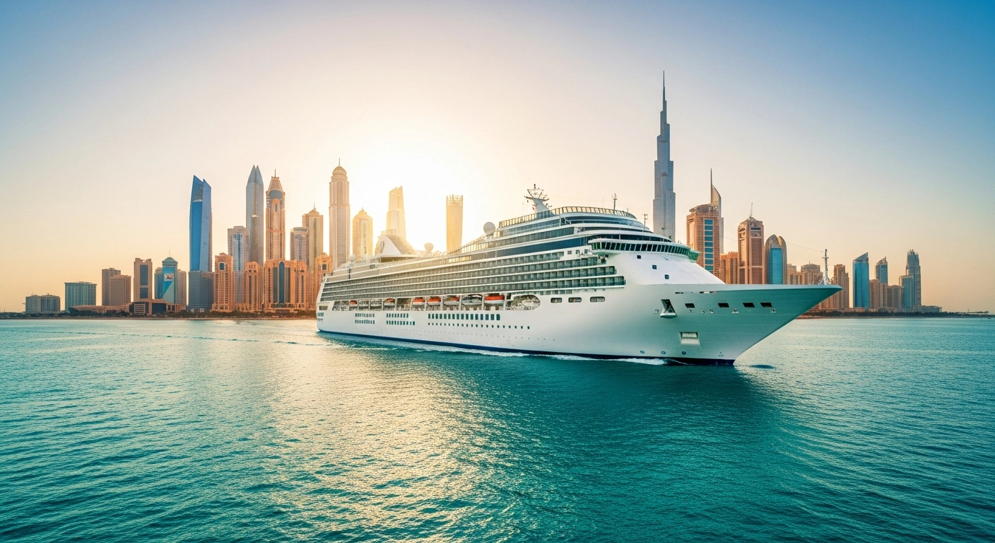 A majestic white cruise liner sails through the serene, turquoise waters of the Arabian Gulf during golden hour, with a stylized composite skyline representing the united GCC destinations including Saudi Arabia and Qatar in the background, symbolizing the expansion of the Cruise Arabia Alliance and regional tourism growth.