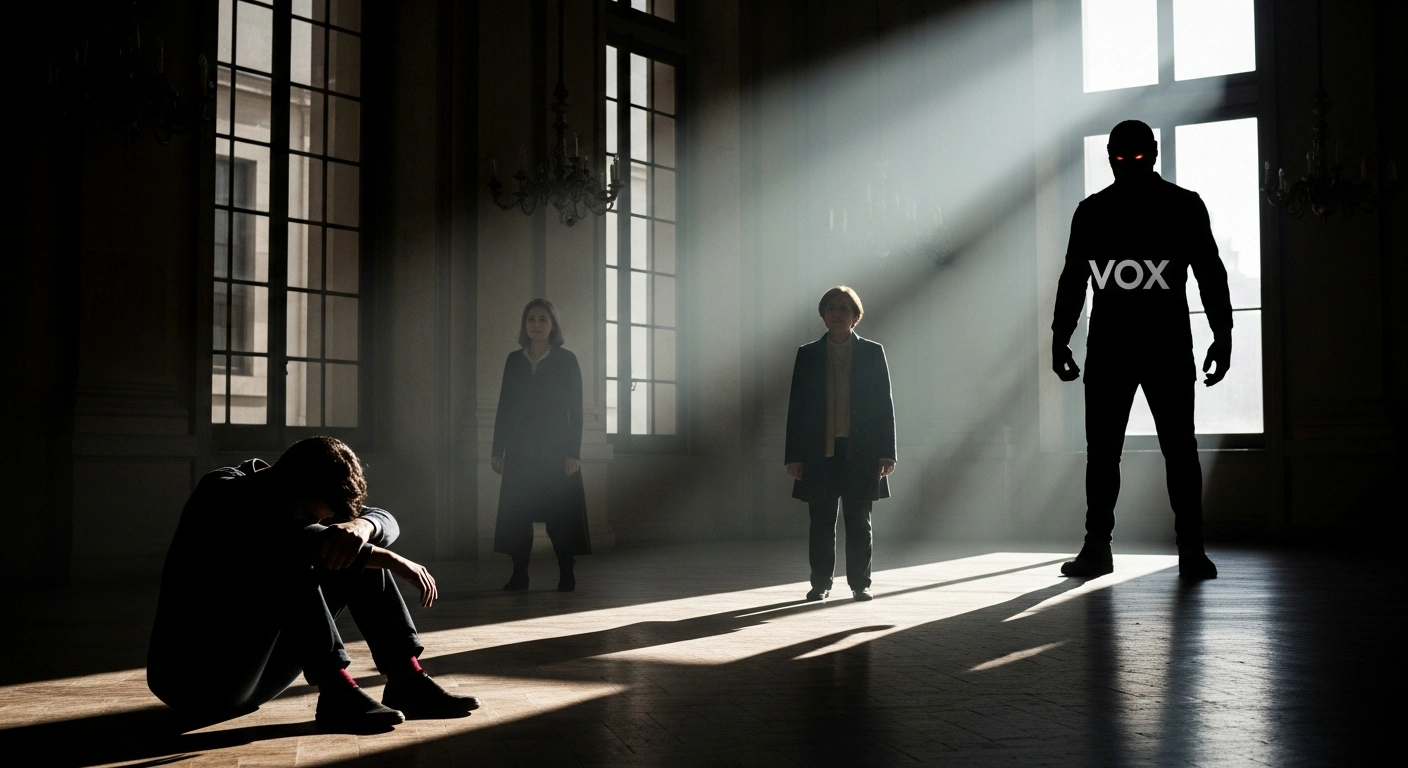 A visual metaphor depicting the results of the Aragón regional elections, with a dejected figure representing the Socialist Party, a cautiously triumphant figure for the Popular Party, and a growing, imposing silhouette symbolizing the rise of the Vox party.