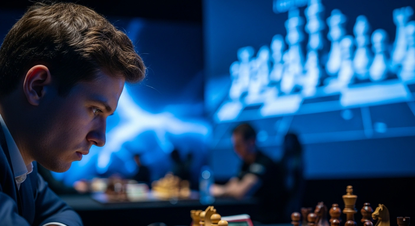 Indian Grandmaster Aravindh Chithambaram sits in a high-tech esports arena after qualifying for the Esports World Cup 2026 chess main event.