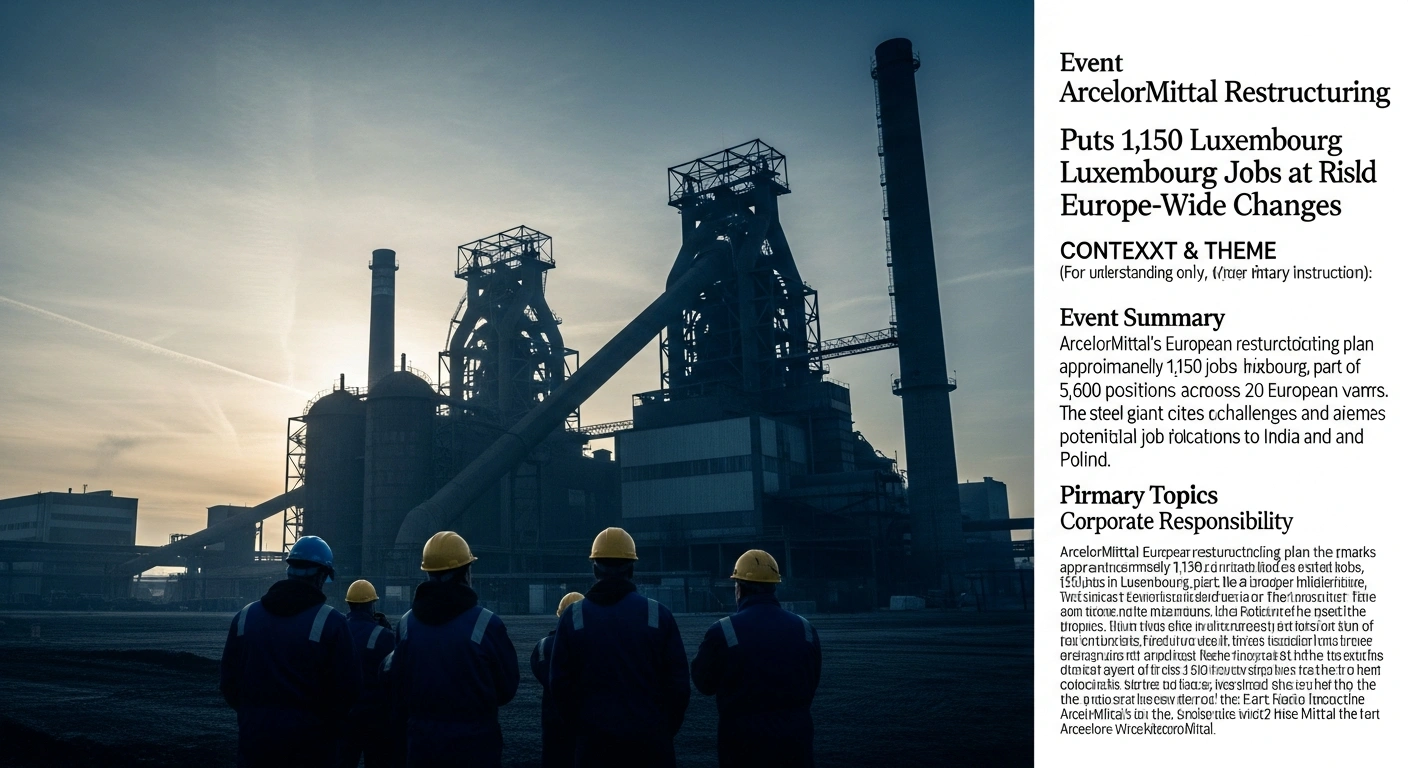 A wide, low-angle shot of a silent, dormant steel mill at pre-dawn, with cold, metallic blue light illuminating its colossal structures and smokestacks. In the foreground, a small group of silhouetted workers stands, their backs to the viewer, looking up at the plant, symbolizing the job losses and restructuring impacting ArcelorMittal's operations in Luxembourg and across Europe.