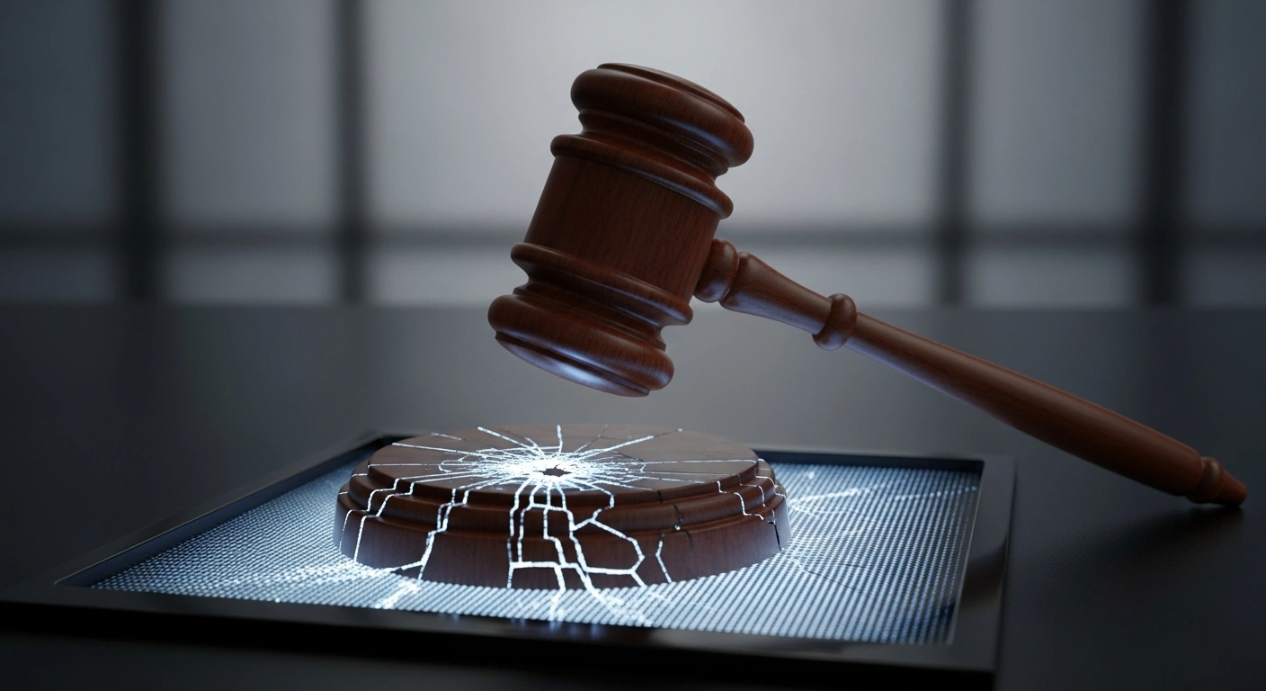 A heavy wooden gavel is dramatically poised above a fragmented, glowing screen, symbolizing France's media regulator Arcom fining conservative network CNews €100,000 for broadcasts encouraging discrimination and violating broadcasting standards.