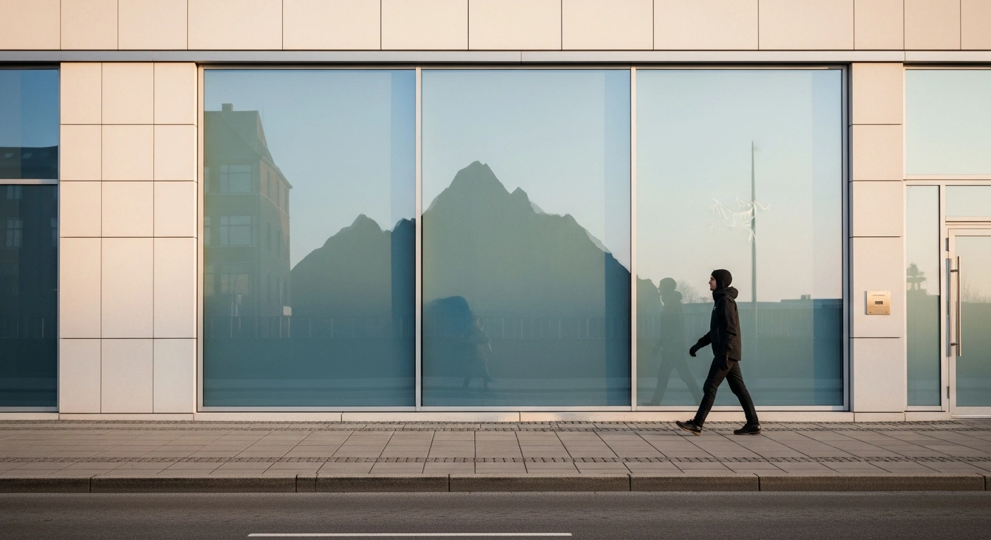 A sleek, modern building facade in central Copenhagen, reflecting subtle mountain peaks, symbolizes the upcoming Arc'teryx brand store opening in Denmark in spring 2026.