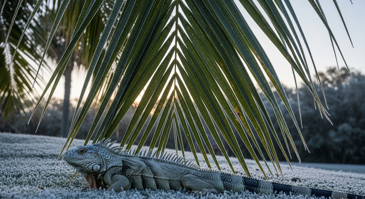 A large, motionless iguana lies on frost-covered ground beneath a palm frond in Florida, symbolizing the unusual deep freeze and record-low temperatures caused by an early November Arctic air mass across the eastern United States.