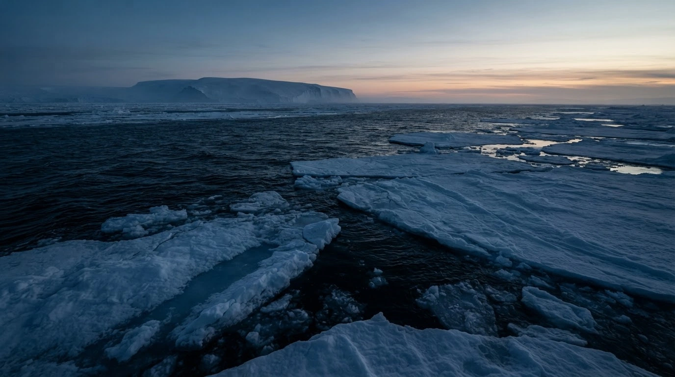A wide view of fractured Arctic sea ice near the Greenland ice sheet highlights the rapid decline of winter ice and its impact on global sea levels.