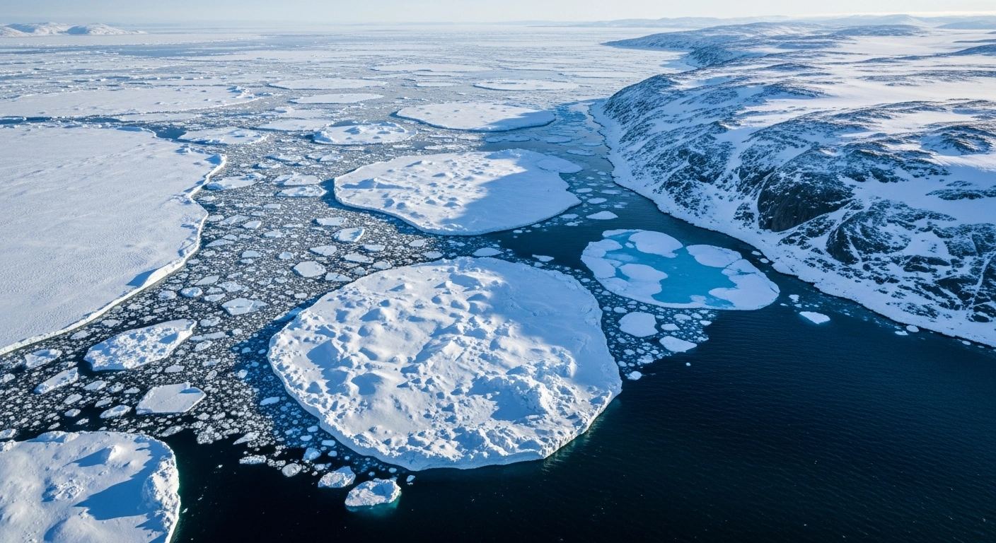 A satellite-style aerial view shows Arctic sea ice drifting along the east coast of Greenland as captured by the Copernicus Sentinel-2 mission.