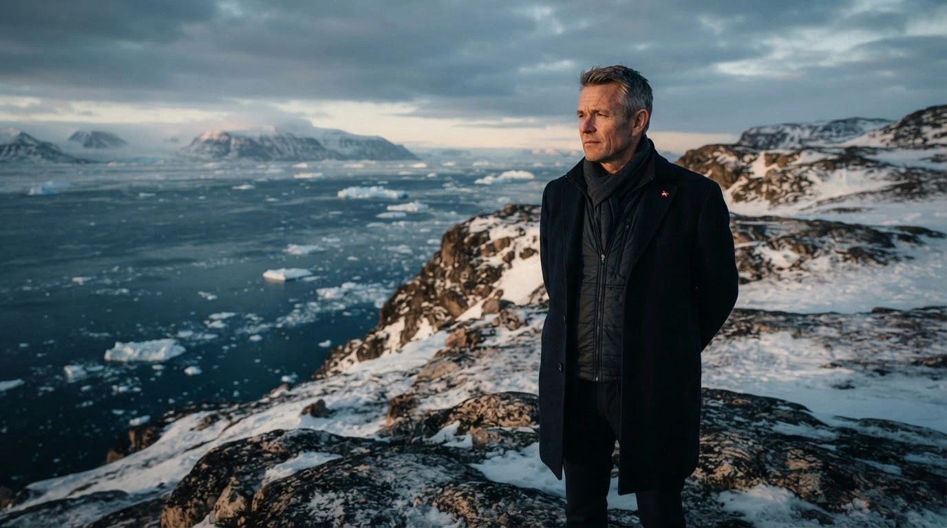 A senior Danish official stands on an Arctic cliffside overlooking a frozen landscape to represent the trilateral security framework between Denmark, the United States, and Greenland.