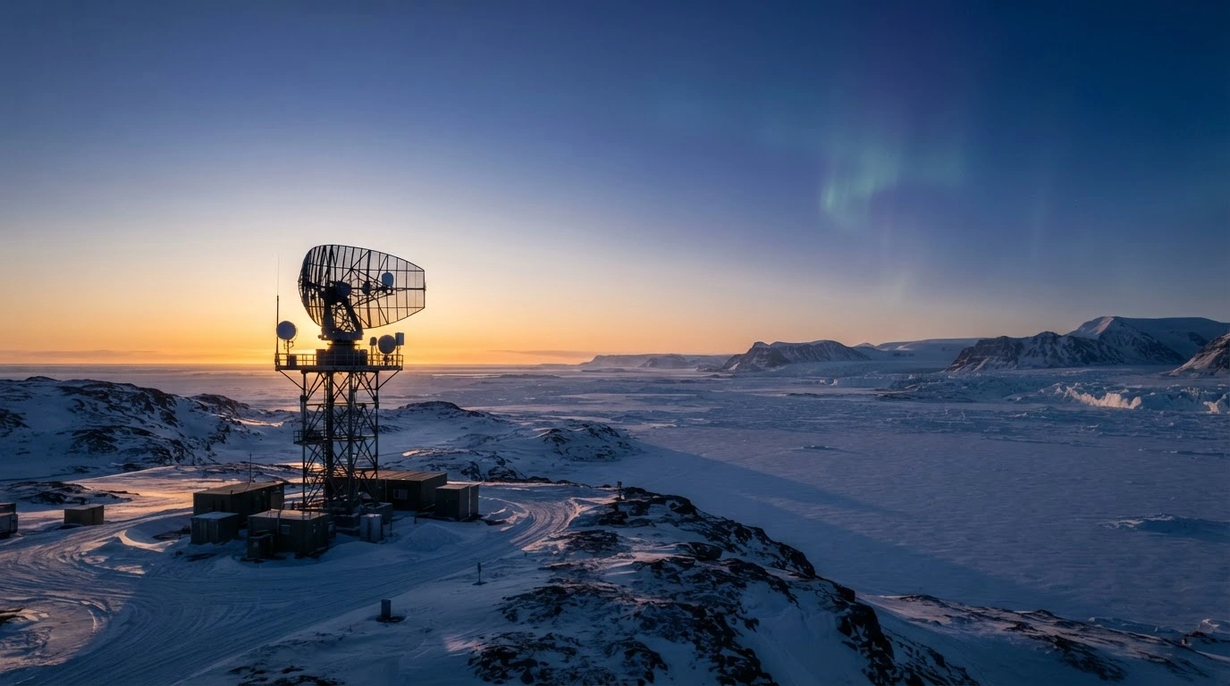 A modern radar installation stands on a frozen Arctic coastline as Danish and NATO officials transition toward a unified regional security strategy.