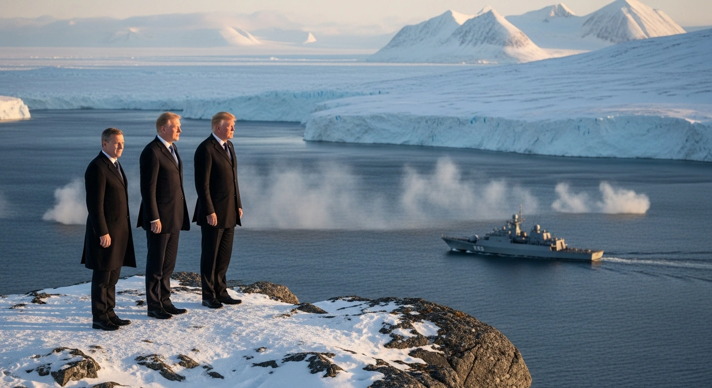 Leaders from Norway, Canada, and Germany stand together on a snowy Arctic cliff during a high-level security summit while NATO naval vessels conduct exercises in the background.