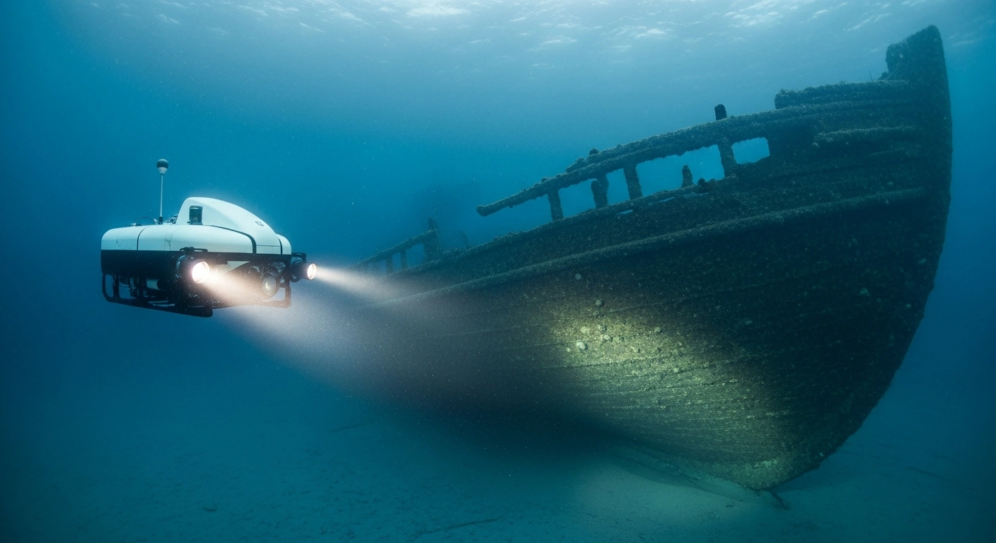 An underwater drone uses bright lights to survey a historic shipwreck on the Arctic seafloor during a collaborative American-Canadian maritime expedition.