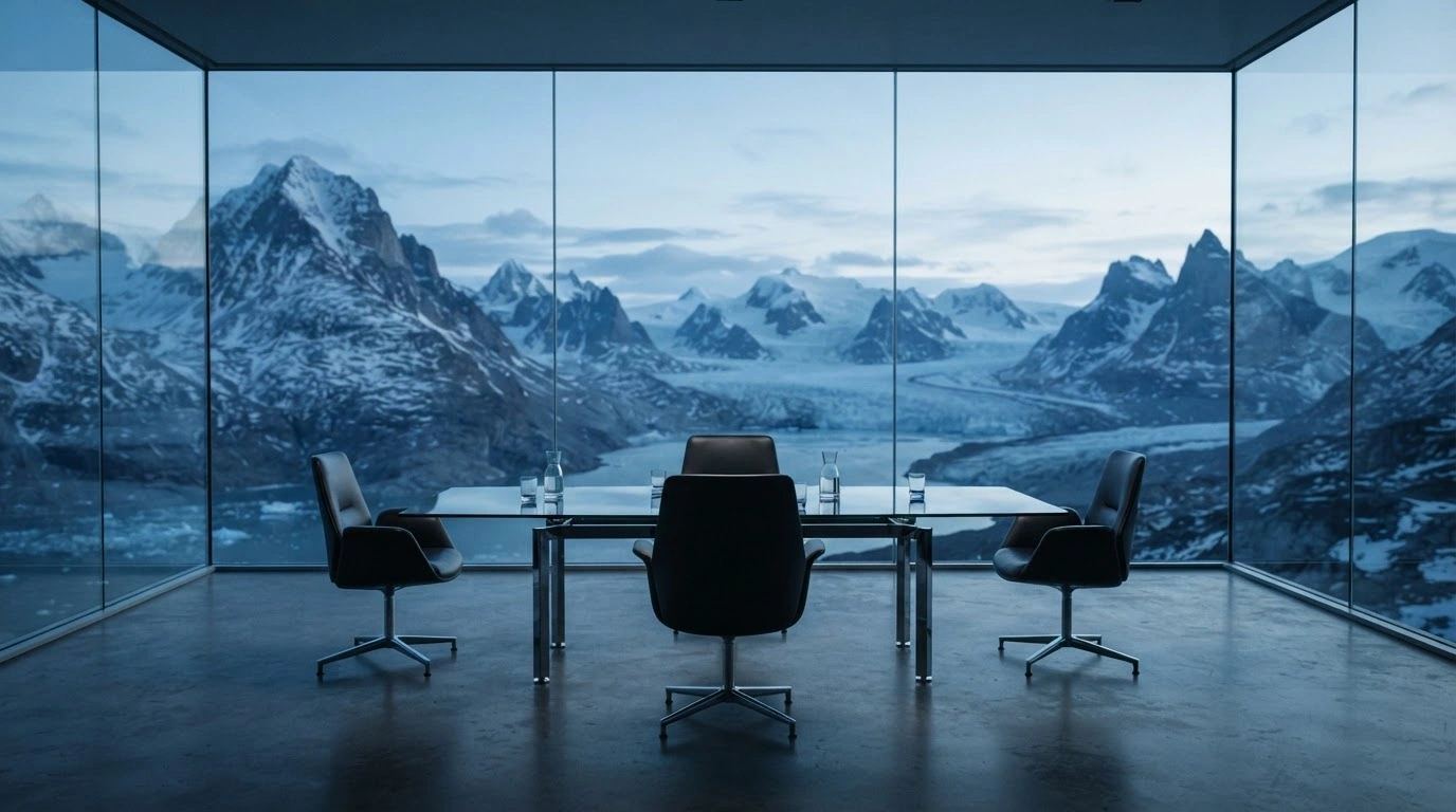 A modern conference table sits in a room overlooking a vast Arctic landscape, representing the trilateral diplomatic negotiations between Denmark, Greenland, and the United States.