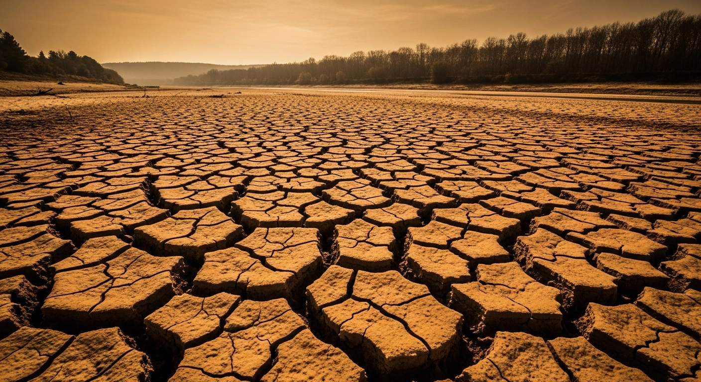 A wide view of a cracked, dry riverbed in the Ardèche department of France during a severe drought.
