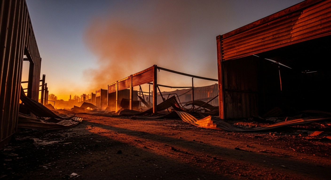 The charred remains of several container shops, destroyed by a fire, emit wisps of smoke and an orange glow from smoldering embers at dusk in the Arena Market, Oshodi, Lagos.