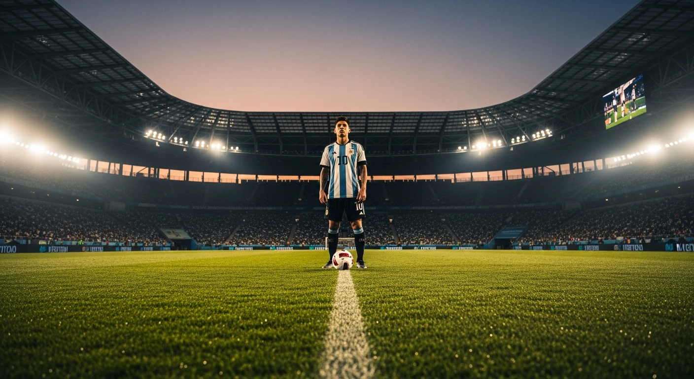 A professional soccer player representing Argentina stands on a stadium pitch during the 2026 FIFA World Cup group stage draw.