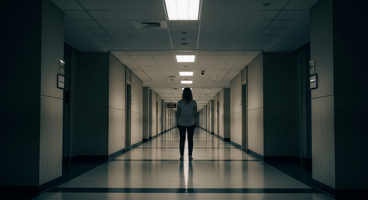 A lone woman stands in a stark, dimly lit government building hallway, symbolizing the severely curtailed access to abortion services and reproductive health programs in Argentina due to administrative measures by President Javier Milei's administration, resulting in widespread shortages and confusion.