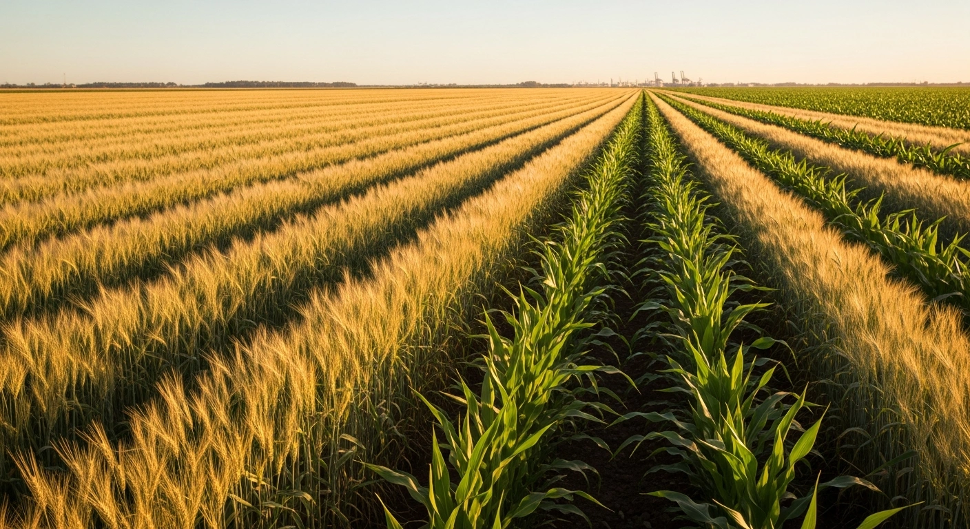 A vast, sun-drenched agricultural field in Argentina, showing rows of wheat, corn, and soybeans stretching towards the horizon, symbolizing the stimulation of the agricultural sector and increased exports.