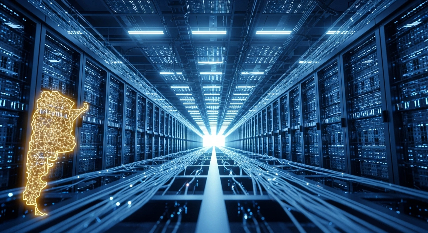 A futuristic data center in Argentina, featuring glowing server racks and intricate fiber optic cables, symbolizing the nation's development of robust AI infrastructure and its ambition to become a regional technology hub.