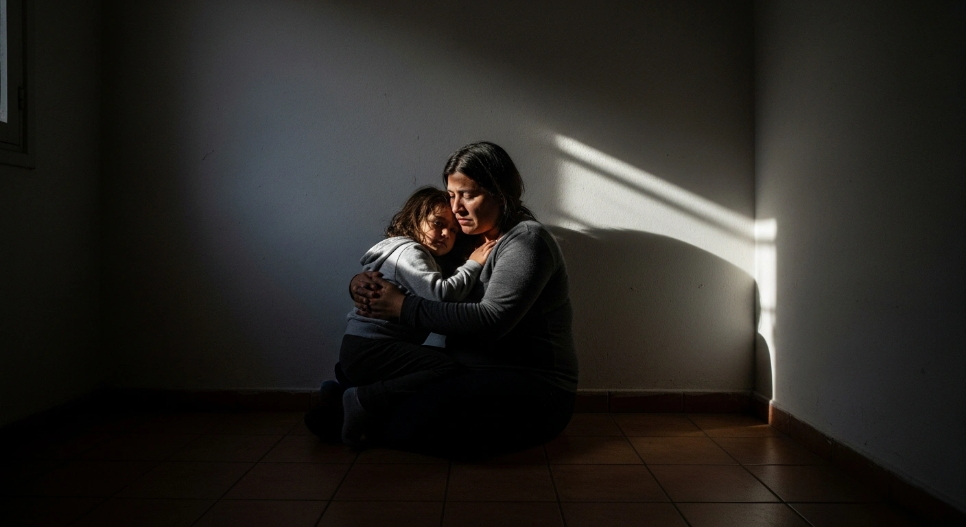 A low-angle, wide shot shows a mother and child huddled in a dimly lit room, their anxious faces illuminated by soft light, symbolizing the vulnerability of families facing anti-Muslim threats and the need for protection.