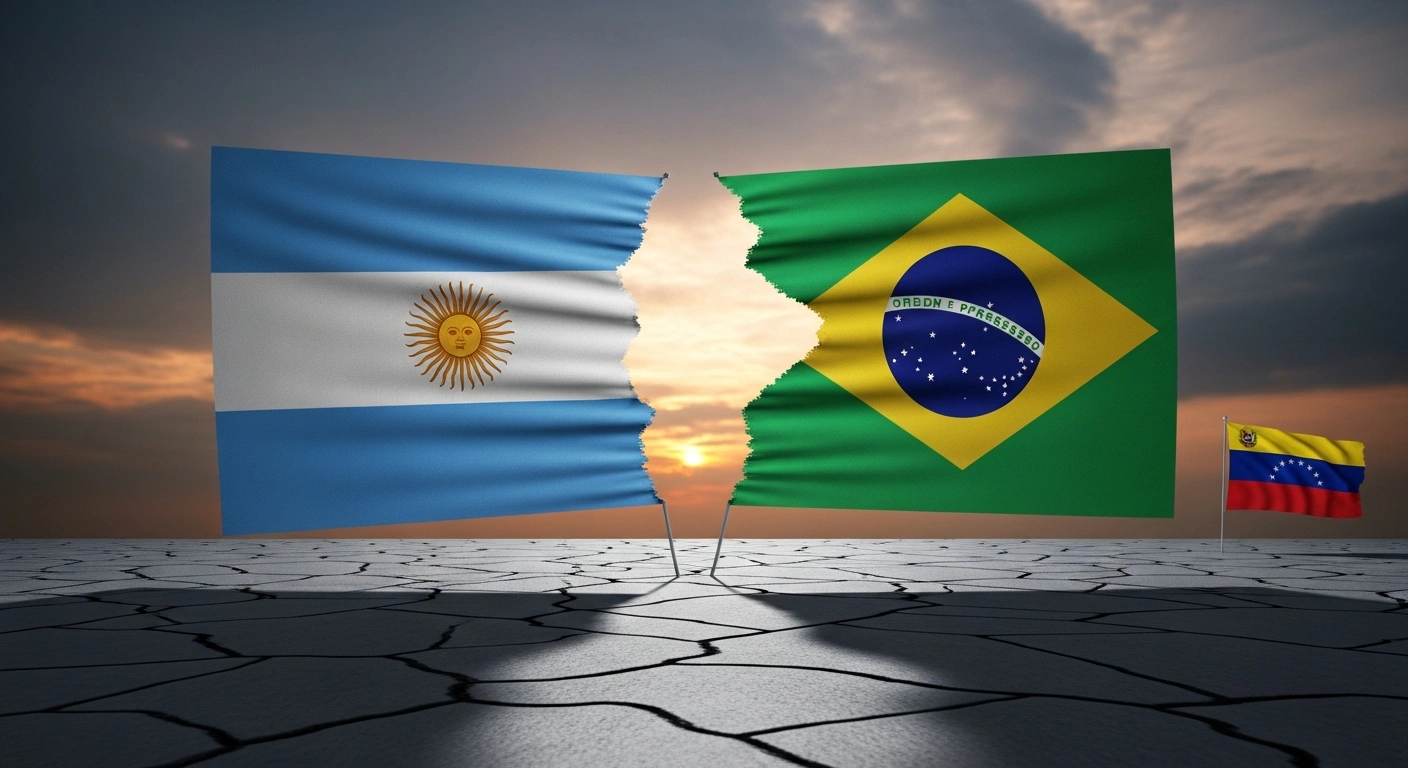 A visual metaphor showing the Argentine and Brazilian national flags pulling apart against a stormy sky, representing the strained diplomatic relations between the two nations after Argentina's President Javier Milei's insults led Brazil to withdraw its diplomatic representation of Argentina's interests in Venezuela.