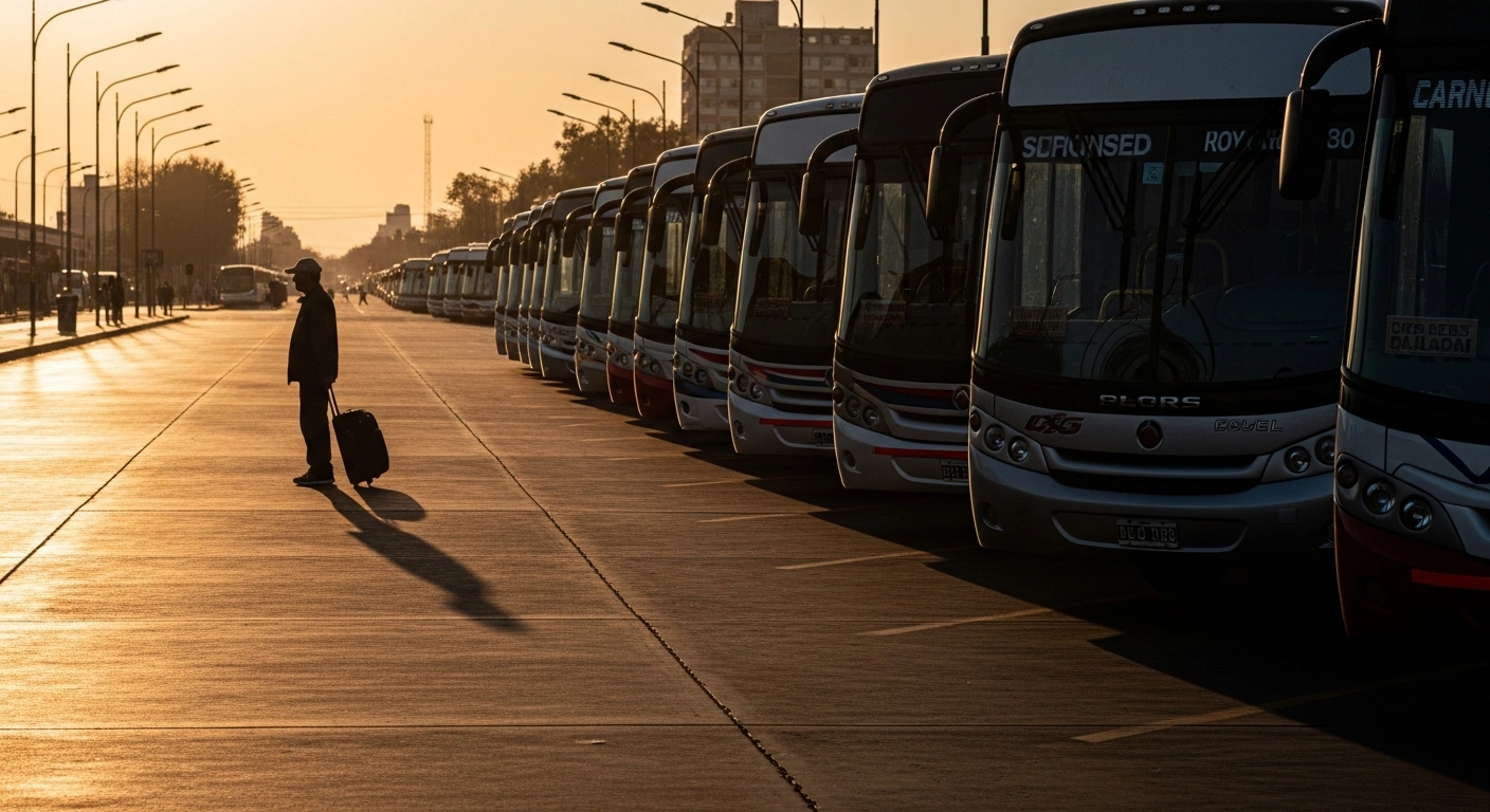 A row of idle buses sits parked at a deserted terminal in northern Argentina during a transport union strike that has left commuters stranded.