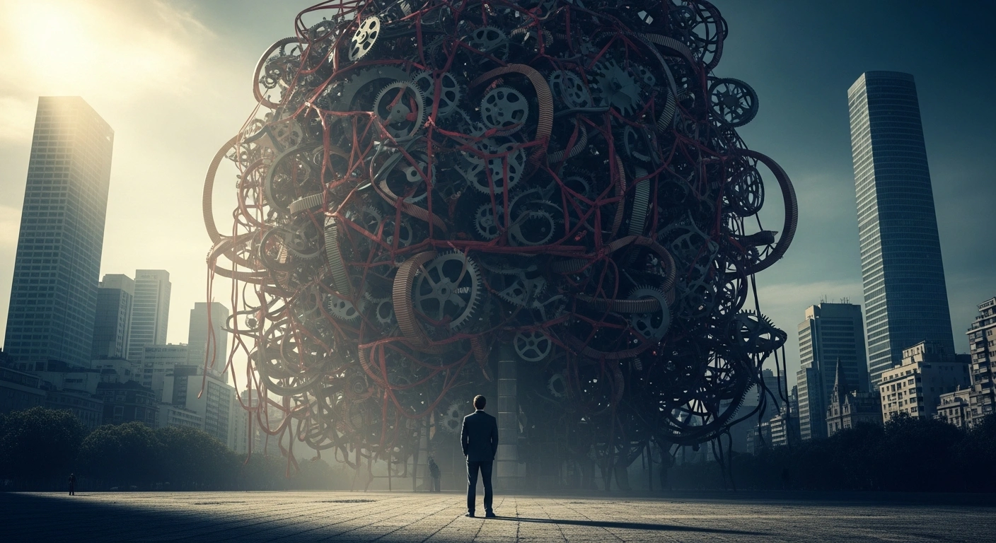 A businessman stands before a massive, complex structure representing the regulatory and administrative challenges of doing business in Argentina as ranked by the TMF Group Global Business Complexity Index.