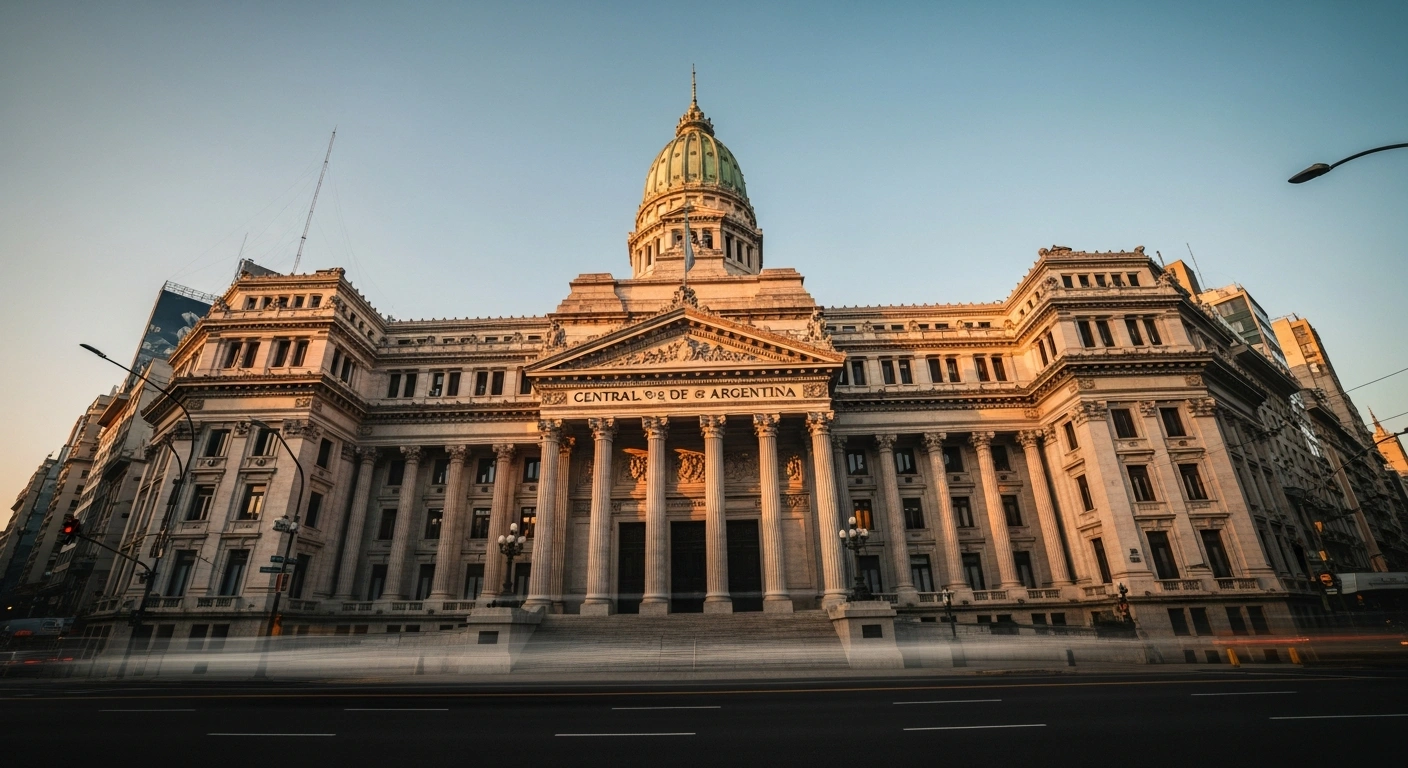 The Central Bank of Argentina building stands prominently in Buenos Aires, representing the successful refinancing of a six billion dollar loan to stabilize the nation's financial position.