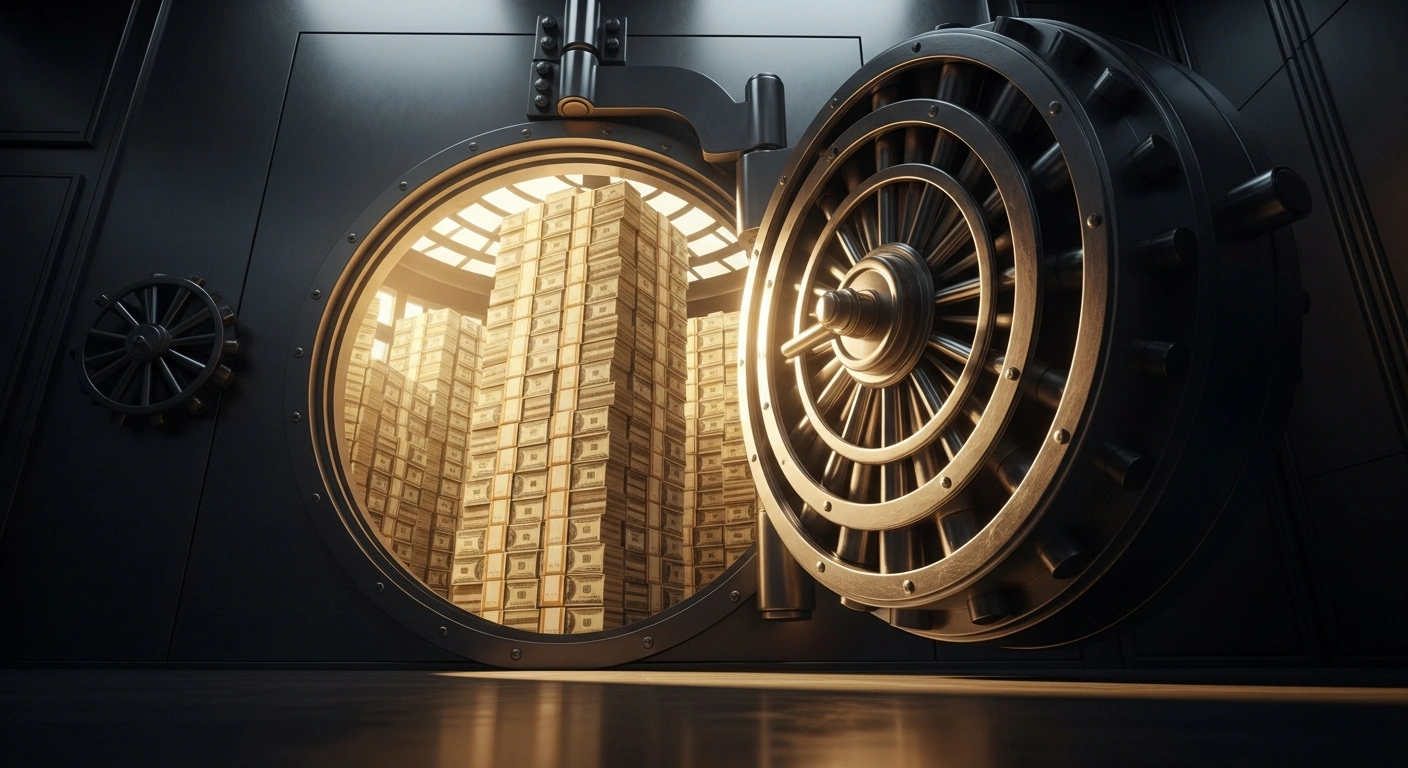 A large, slightly open bank vault reveals towering stacks of US dollar bills, representing Argentina's Central Bank accumulating over US$1.134 billion in a 19-session dollar-buying streak, which has pushed gross reserves to US$46.24 billion, the highest level since 2021.