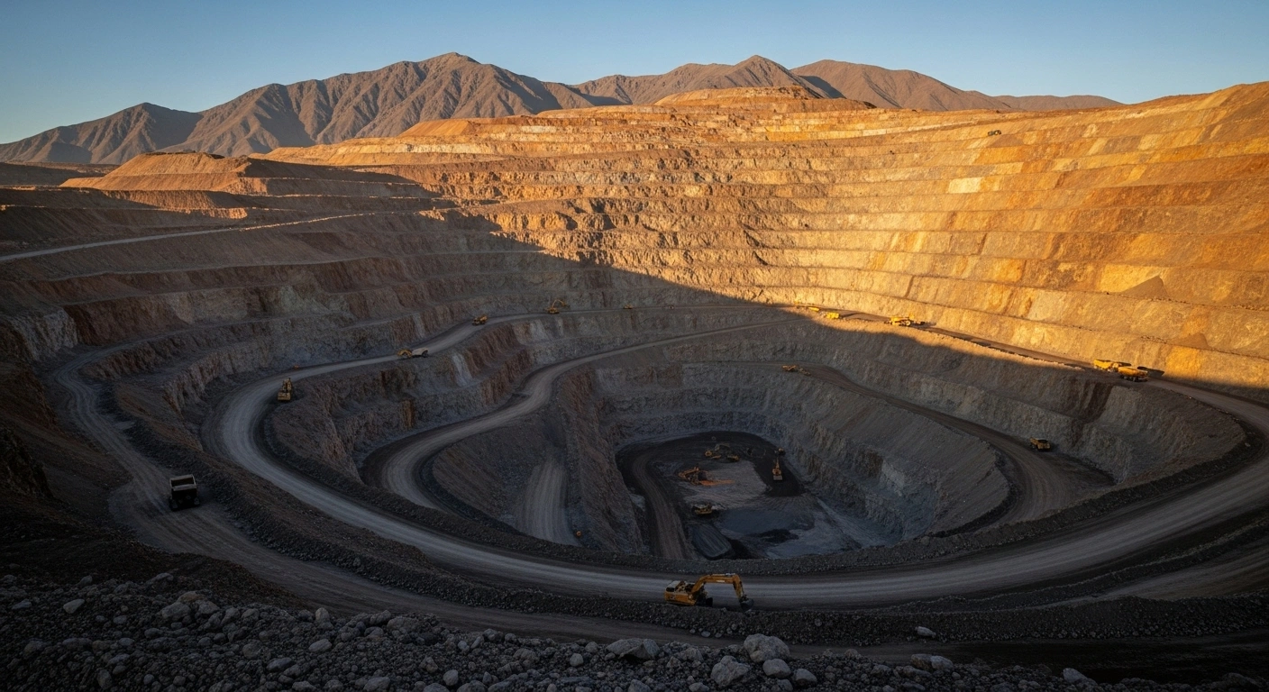 A wide shot at dawn of a colossal open-pit copper mine carved into rugged, ochre-toned mountains in Argentina's San Juan province, representing the multi-billion dollar copper project by Vicuña Corp., a joint venture between BHP and Lundin Mining, with over $400 million in pre-construction investment.