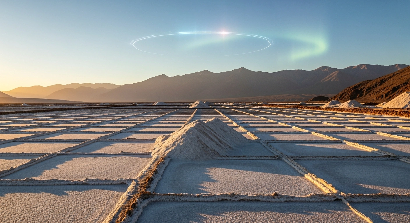 A wide-angle, golden hour photograph captures the vast, crystalline salt flats of Argentina with distant mountains, subtly illuminated by a futuristic glow, representing the nation's critical minerals like lithium and copper and its role in the global energy transition, as discussed at the upcoming LatAm & Argentina Critical Minerals Summit.