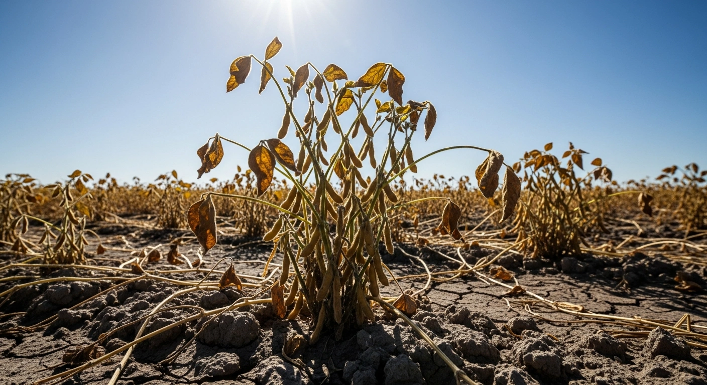 A field of parched and severely wilting soybean plants with deeply cracked, dry earth under a harsh, bleached-out sun, illustrating the severe stress on Argentina's crucial crops due to persistent dry weather and a heatwave.