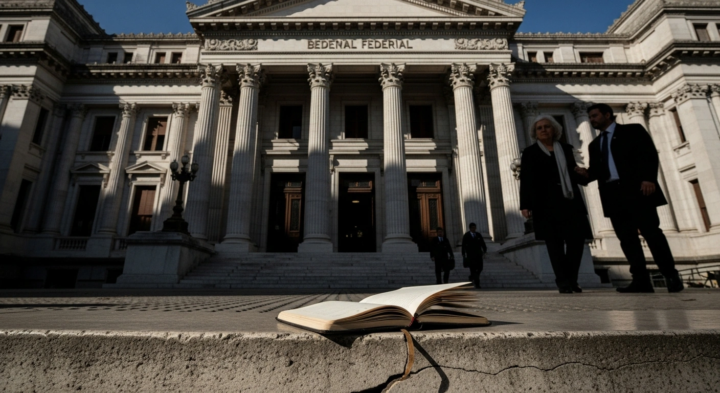 A low-angle shot of a federal courthouse in Buenos Aires with long shadows, featuring a weathered, open notebook on a cracked step in the foreground, and the blurred silhouette of a female figure, representing former President Cristina Fernández de Kirchner, being escorted in the background, symbolizing the 'Cuadernos' corruption trial involving bribery and construction executives amidst Argentina's infrastructure challenges.