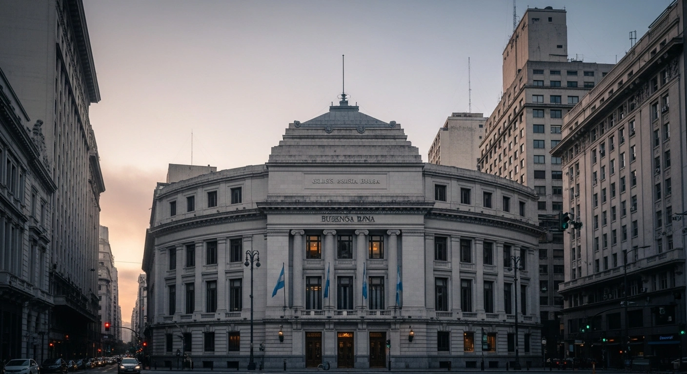 A grand, neoclassical bank building in Buenos Aires stands serenely at dawn, its symmetrical facade reflecting the current stability of Argentina's wholesale dollar at 1,424 pesos, while a subtle mist in the distance alludes to underlying concerns about foreign financial assistance, including a $20 billion IMF agreement and a US currency swap.