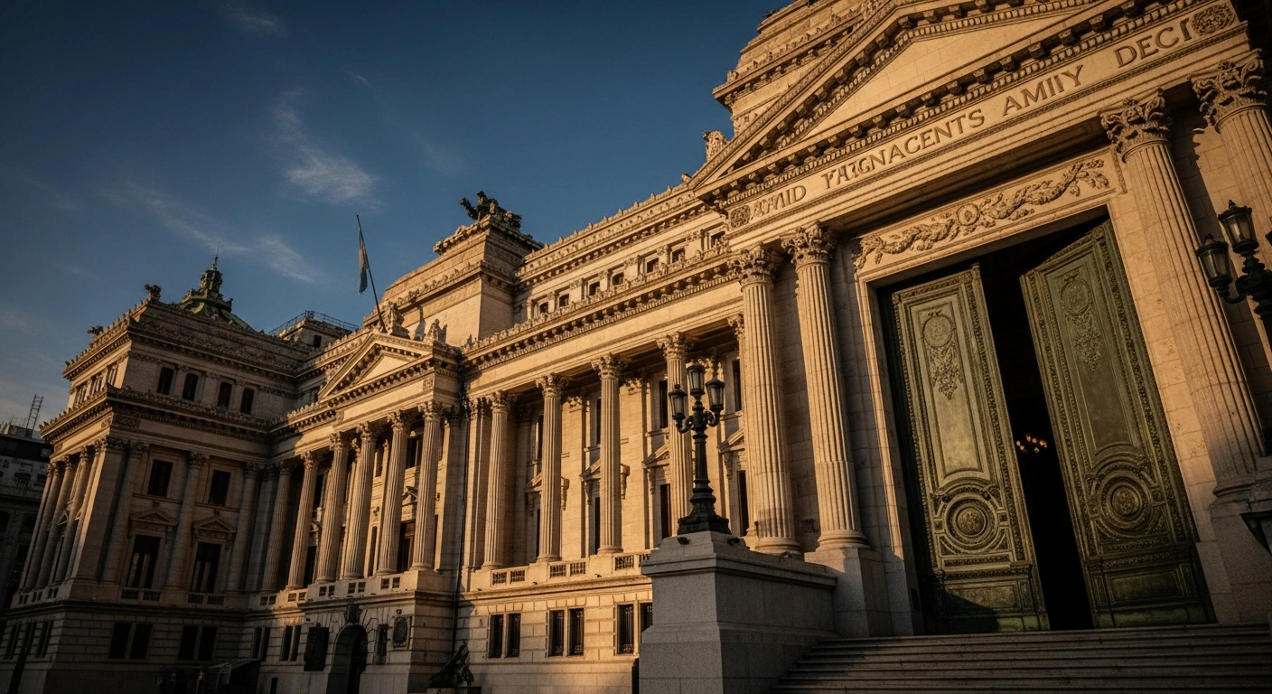 A majestic, neoclassical government building in Buenos Aires, illuminated by dramatic golden hour light under a bruised blue sky, with a massive, slightly ajar ornate bronze door, symbolizing Argentina's government undertaking significant debt refinancing measures, including bond auctions and dollar-linked bond exchanges, to address billions in maturing debt.