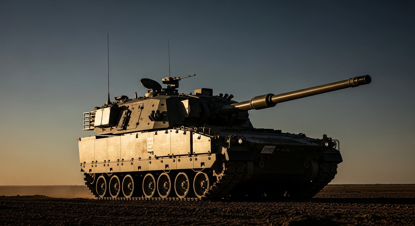 A powerful, modern self-propelled artillery combat vehicle stands ready, representing Argentina's Ministry of Defense's investment plan to acquire 72 new vehicles for Army modernization and defense recapitalization.