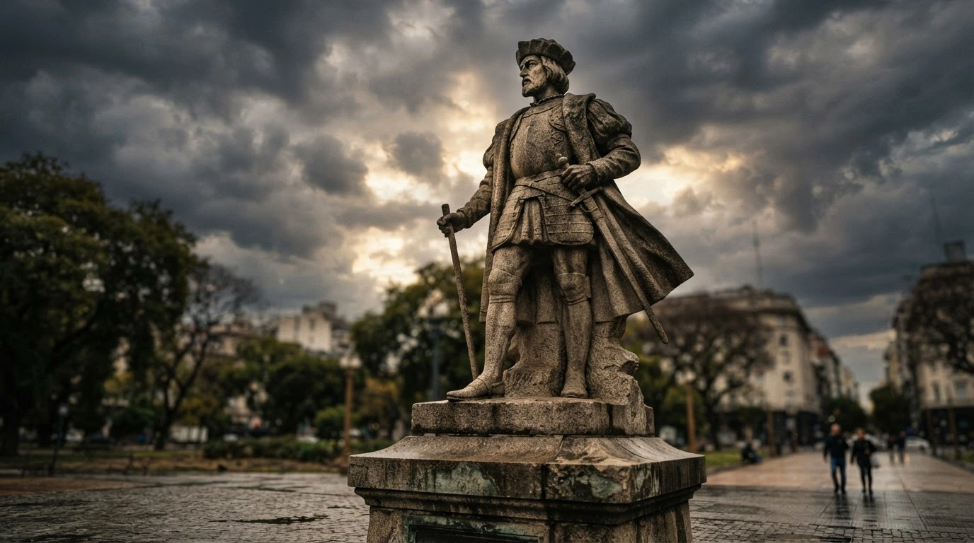 A stone statue of a Spanish explorer stands against a dramatic sky in Argentina, representing the historical legacy of the Dia de la Raza.