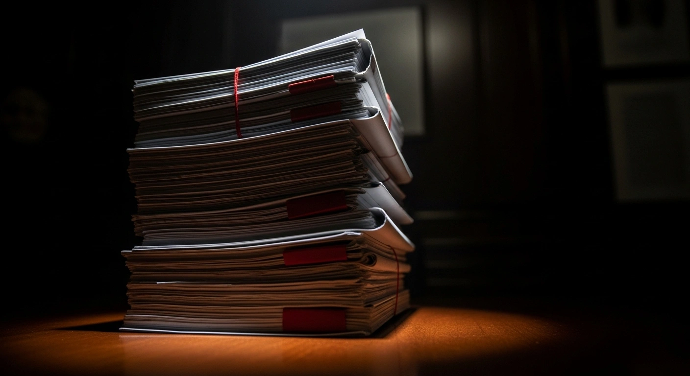 A dramatic, low-angle shot of a towering stack of official documents bound with red tape, dimly lit by a single spotlight on a dark desk, symbolizing a judicial investigation into alleged corruption within Argentina's National Disability Agency, involving figures like President Javier Milei and Karina Milei.