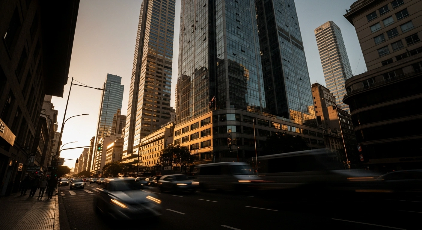 A vibrant Buenos Aires financial district at sunset represents the 3.5 percent growth in Argentina's economic activity reported by INDEC.