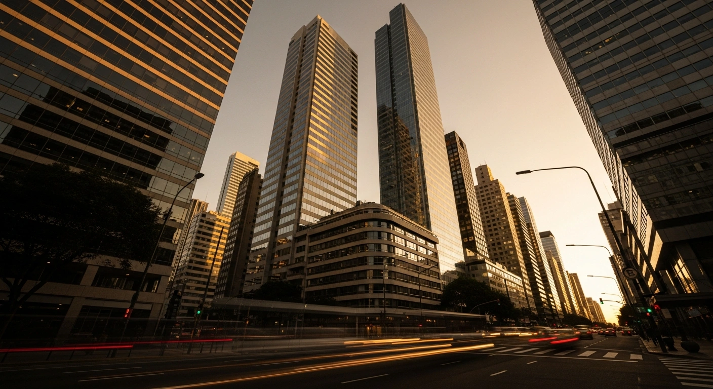 A modern financial district in Argentina during sunrise, representing the growth in national economic activity reported by INDEC for January.