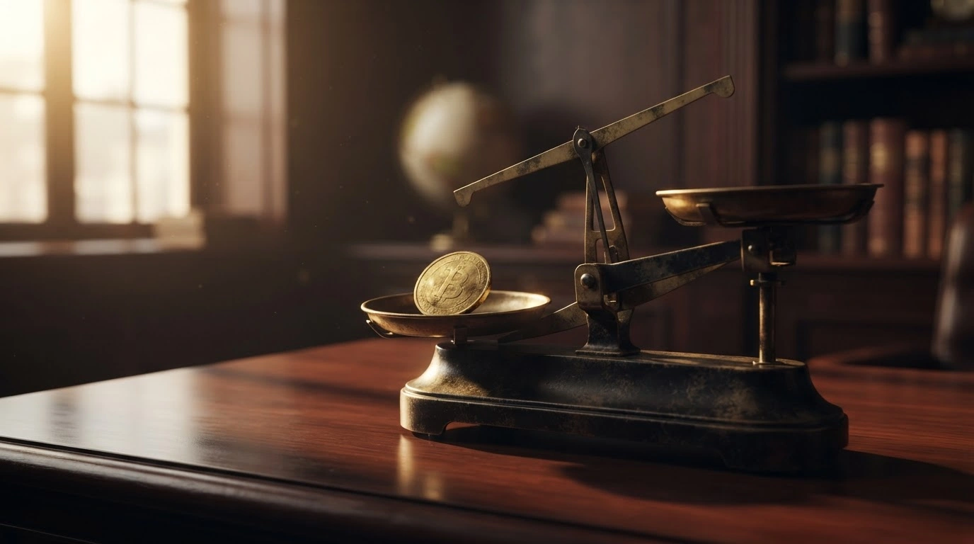 A vintage mechanical scale holding a gold coin on a desk represents the economic stabilization efforts following Argentina's September inflation report.