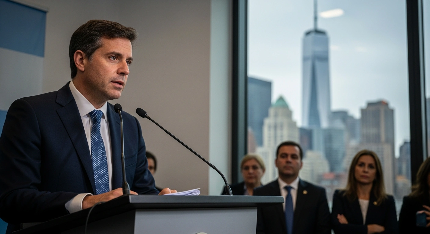 Argentina's Economy Minister, Luis Caputo, is depicted delivering a new economic strategy to investors in a modern New York setting, emphasizing plans to rebuild foreign-currency reserves and stabilize the peso's exchange rate.