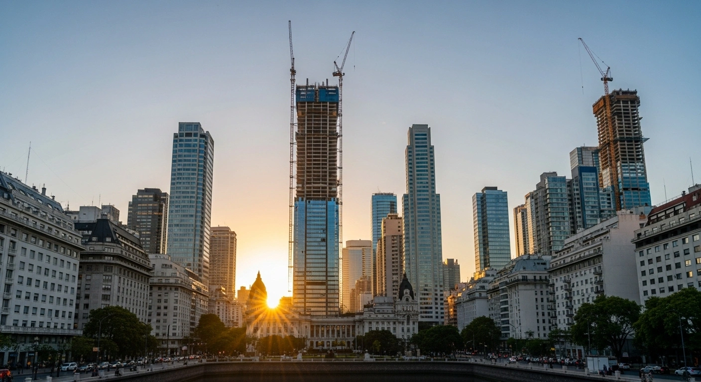 A wide-angle, low-angle shot of the Buenos Aires skyline at dawn, featuring modern financial towers and construction cranes under a golden sun, symbolizing Argentina's 6.3% economic growth in Q2 2025 driven by investment, finance, tourism, and construction.